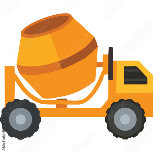 Orange concrete mixer truck on a black background with gray wheels and a brown rim on the rotating drum emphasizing construction and industry