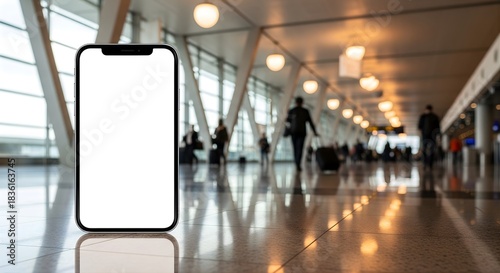 Wallpaper Mural Modern cell phone in airport terminal waiting lounge with bokeh background and blank screen Torontodigital.ca