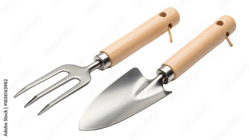 Fototapeta premium Gardening Tools Set Fork and Trowel with Wooden Handles on Black Background Keywords: gardening, tools, fork, trowel, shovel, spade, hand