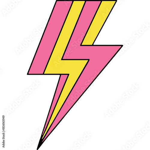 Pink and Yellow Lightning Bolt Graphic with Bold Outlines on Black Background Energetic Abstract Symbol Dynamic Power Flash Icon