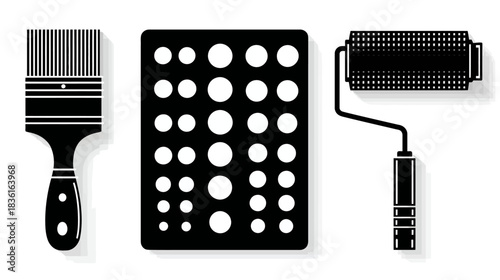 Paintbrush, Stencil, and Paint Roller Silhouettes. Black Icons for Art, DIY, Home Improvement, and Decoration Projects.