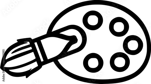 Black and white minimalist vector line art icon of an artist's painting palette with brush. Creative art supplies graphic design element.