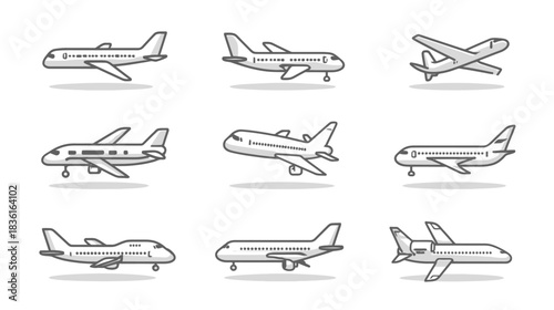 Set of Airplane Icons. Diverse Commercial Passenger Aircraft Illustrations in Line Art Style for Travel, Aviation, and Flight Concepts.