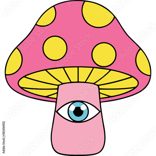 Pink Mushroom With Yellow Polka Dots and a Blue Eye On Its Stem Against a Black Background Psychedelic Illustration
