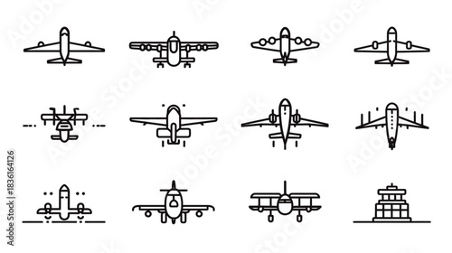 Vector outline icons of various aircraft and airplanes from top view, modern minimalist aviation transportation symbols
