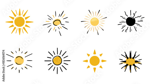 Set of diverse sun icons with yellow and black rays, hand-drawn vector illustrations in various styles, representing summer, warmth, and light.