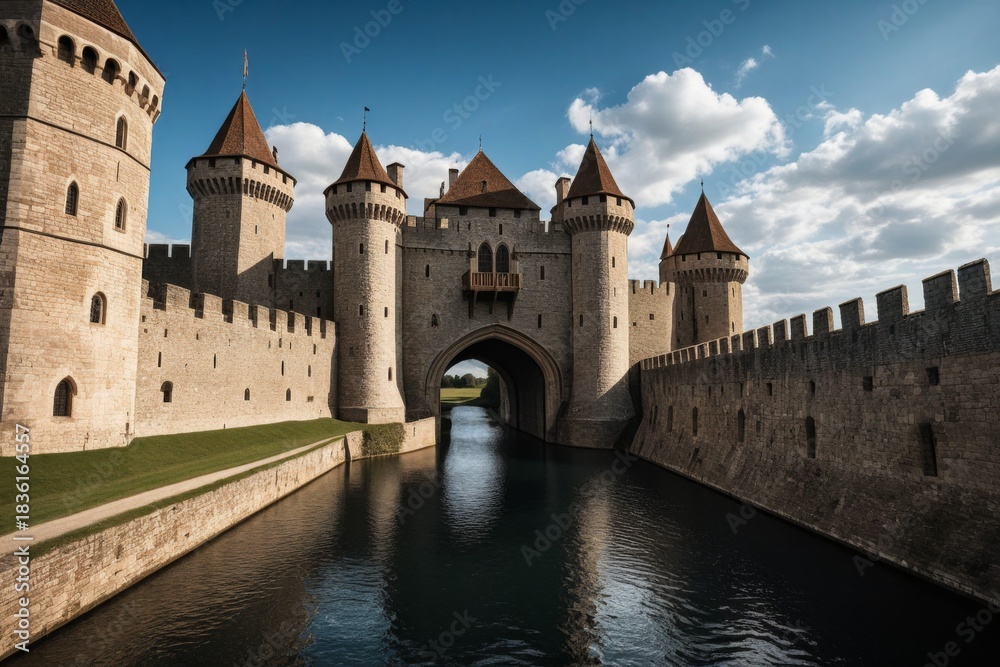 Obraz premium Majestätische mittelalterliche Burg mit Wassergraben und Türmen vor blauem Himmel