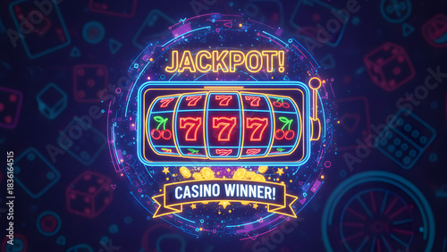 Bright slot machine showing triple sevens and cherry symbols celebrating jackpot win colorful neon vector artwork ideal for casino, gambling, and entertainment concepts wide format