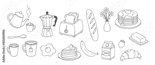 Monochrome Morning Meal Clip Art, Line Art Coffee, Toast, and Pancake Illustrations.