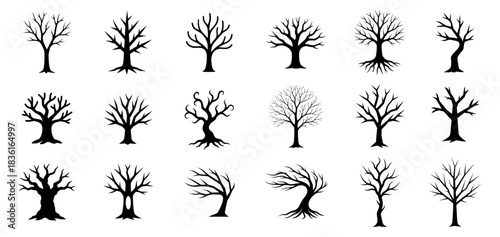 Minimal leafless tree silhouette icon set
