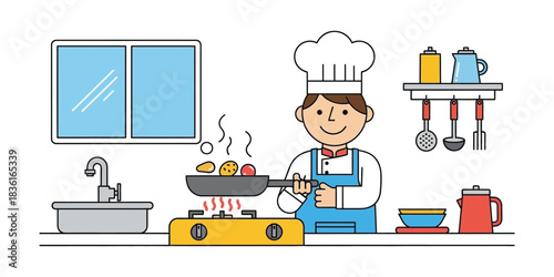Chef cooking food in a kitchen with window, stove, and utensils. Delicious meal preparation