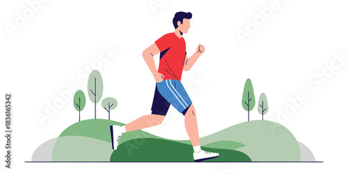 Active young man in sportswear running in a green city park, modern flat vector illustration for a healthy lifestyle and fitness concept