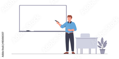 An instructor presents information at a blank whiteboard in a modern classroom setting with a plant and desk nearby