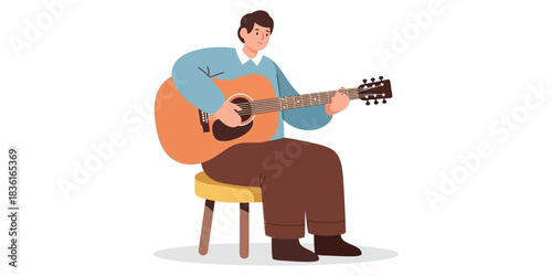 Man Sitting on a Stool Playing an Acoustic Guitar with a Melodious Sound