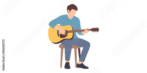 A young man sitting on a stool expressing his musical passion by playing an acoustic guitar. A flat vector illustration of a musician and his instrument