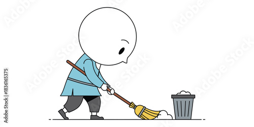 A simple cartoon character wearing a blue tunic diligently sweeping the floor, pushing dust into a trash can. A minimalist concept of cleanliness and tidiness
