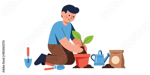 Gardening concept Person planting a sprout in a pot, with gardening tools, watering can, and bag of soil nearby