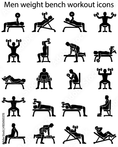 Men Weight Bench Workout Vector Icon Sheet File – Gym Fitness Exercise Icons