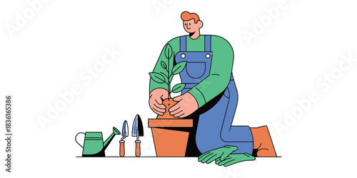 Dedicated person in gardening overalls carefully planting a vibrant green seedling into a terracotta pot, surrounded by essential tools for cultivating a healthy home garden