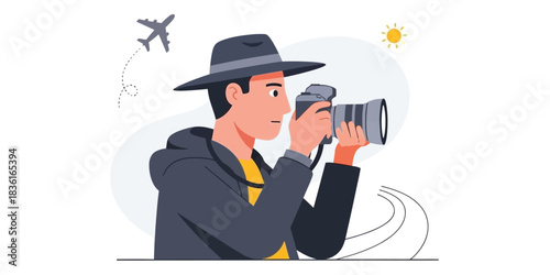 Illustration of a male travel photographer with a camera capturing moments on an adventurous journey