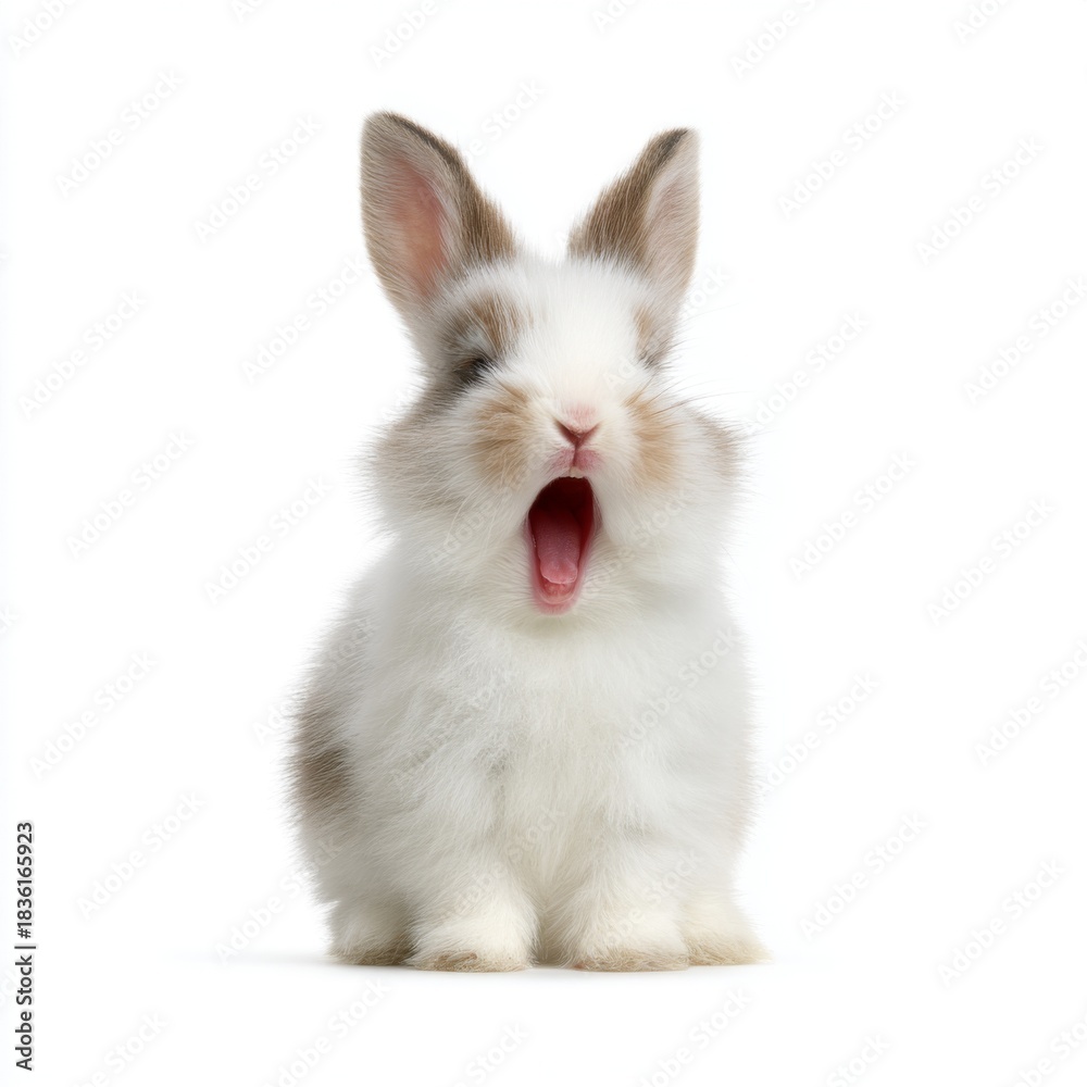 Obraz premium Cute fluffy rabbit yawning with wide-open mouth showcasing adorable and playful expression against bright white background