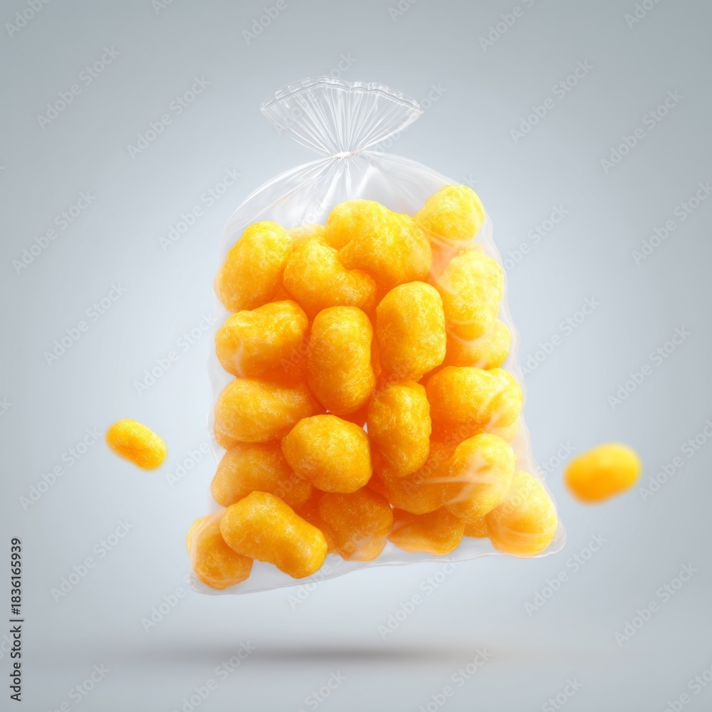 Fototapeta premium Bag of Bright Orange Snack Puffs Floating in Air on Gray Background, Perfect for Food and Snack Illustrations