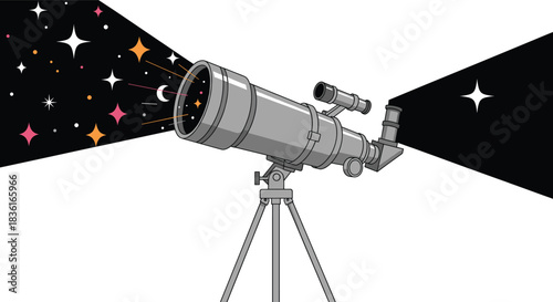 Detailed Vector Illustration of an Astronomical Telescope on a Tripod, Viewing a Colorful Starry Night Sky, Symbolizing Astronomy, Science, Discovery, and Space Exploration