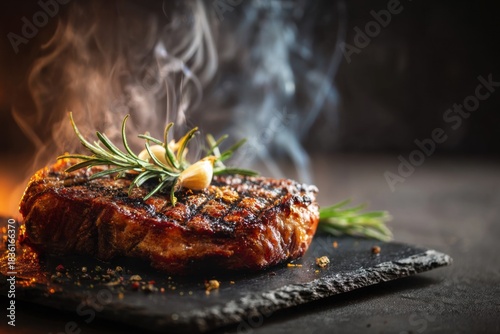 Grilled ribeye steak on a black slate board with rosemary sprig and garlic on top