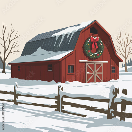 christmas barn snowy farm holiday wreath winter countryside barn illustration rustic winter farmhouse scene snow landscape holiday rural decor winter barn
