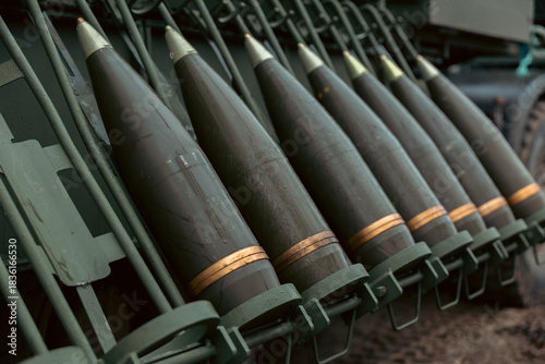 artillery shell 155 mm on combat vehicle platform. artillery shell on a combat vehicle