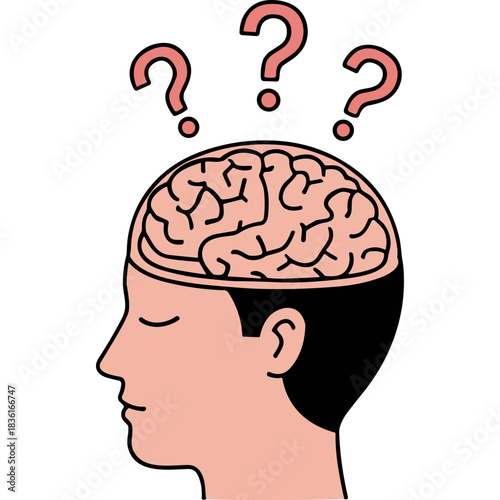 Profile Silhouette of a Person With an Open Brain Showing Question Marks Above Head in Minimalist Style Pink and Black Illustration Indicating Confusion and Uncertainty