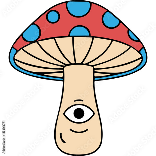 Psychedelic Cartoon Mushroom with a Single Eye and Red Cap with Blue Polka Dots Against a Black Background