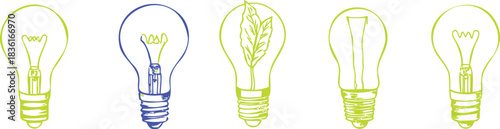 Sketched lightbulb outlines with leaf, one blue, representing eco idea