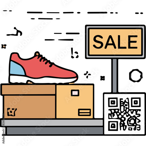 Red Athletic Shoe Displayed on Cardboard Boxes Next to a Sale Sign and QR Code on a Gray Platform with Black Background Promotional Event