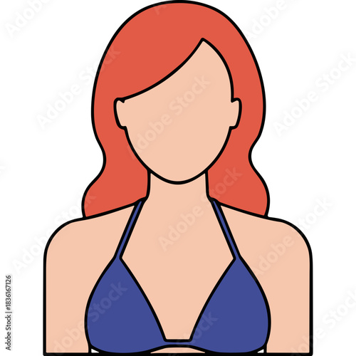 Red Haired Woman Wearing Blue Bikini Top With Wavy Hair Isolated On Black Background Detailed Simple Illustration