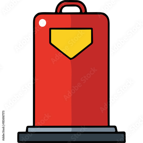 Red Outdoor Mailbox with Yellow Shield Emblem and Silver Base on a Gray Surface Clean Design