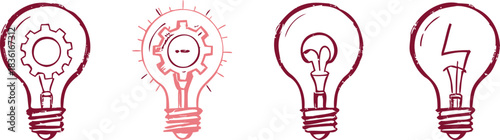 Creative ideas lightbulbs sketch with gears and lightning for insights