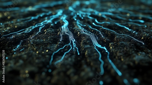 Futuristic glowing circuit lines over textured dark ground surface