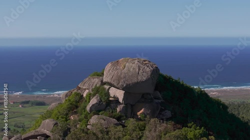 Unique Rock Shapes Of The Penedos de Pasarela e Traba Near Pasarela And A Costa Villages In A Coruna, Spain. Aerial Close-up Shot