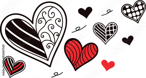 Stunning collection of stylized hearts in vibrant red and elegant black and white patterns against a dark background