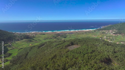 Ruta Penedos de Pasarela e Traba Viewpoint Overlooking Vimianzo And Laxe Town In A Coruna, Spain. Aerial Pullback Shot