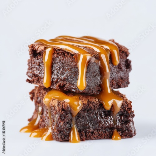 Decadent Brownies with Drizzling Caramel Sauce on White Background for Dessert and Baking Enthusiasts