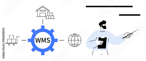 Logistics, supply chain, warehouse operations, inventory tracking, business process, data systems. A WMS gear linked to a warehouse and cart, and a person pointing. Logistics and supply chain concept