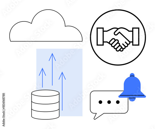 Cloud computing concept. Cloud computing connects data storage, teamwork, and communication. Cloud computing improves business collaboration and productivity. For technology, data management, IT