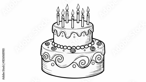 Hand drawn sketch of a two tier birthday cake with lit candles.