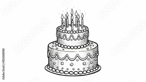 Hand-drawn sketch of a two-tiered birthday cake with lit candles.