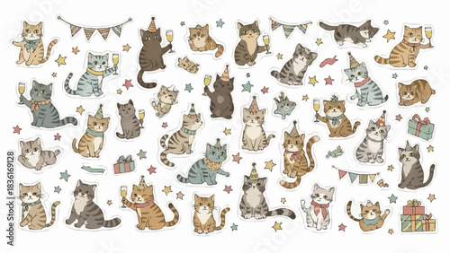 Adorable Cats Celebrating Party with Festive Hats and Decorations.