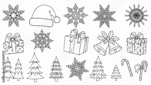 Hand drawn Christmas holiday elements collection with snowflakes and gifts.