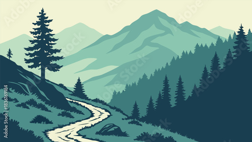 Stunning minimalist mountain landscape unfolds with winding path through evergreen forest scenery