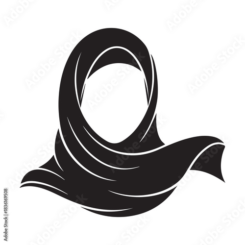 Stylized silhouette of a woman wearing a dark fabric hijab or headscarf with flowing drapery